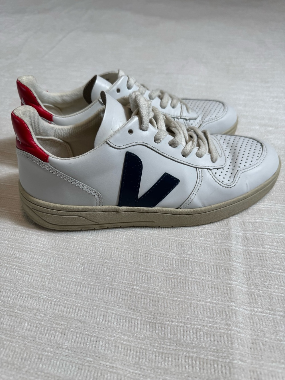 Veja White Leather Sneakers with Navy V and Red Heel Tab